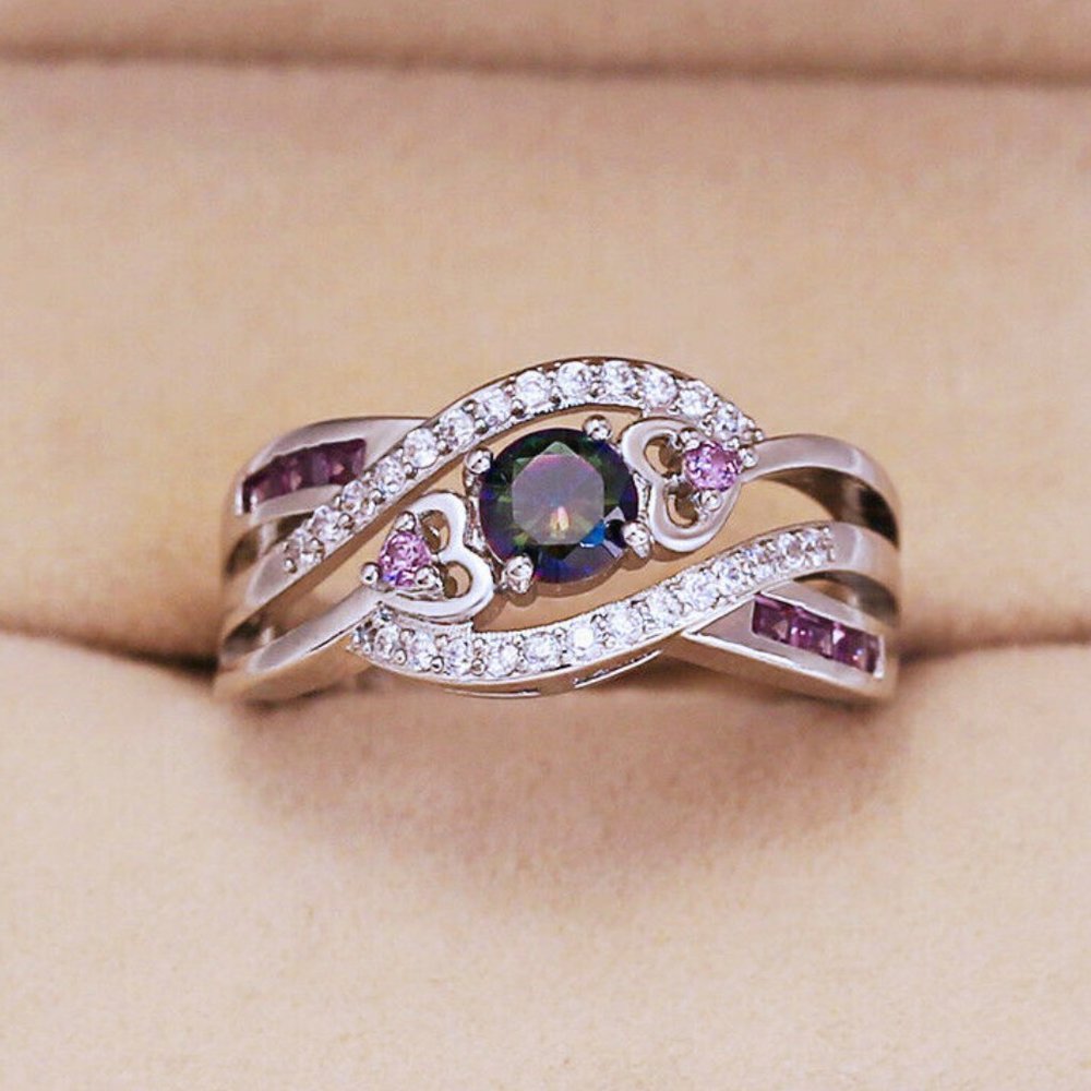 925 Silver Round Cut Mystic Topaz Ring - Picture 2 of 6